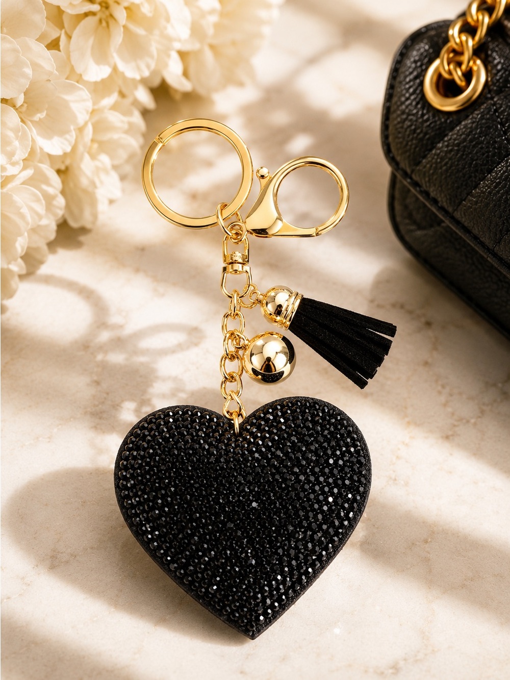 Black Crystal Rhinestone Heart Bag Charm Keychain Gold Tassel Purse Charm Bling